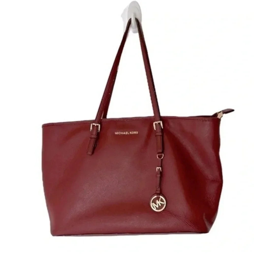 Michael Kors Tote Bag Large Burgundy Saffiano Leather‎ Jet Set Travel Zip Top